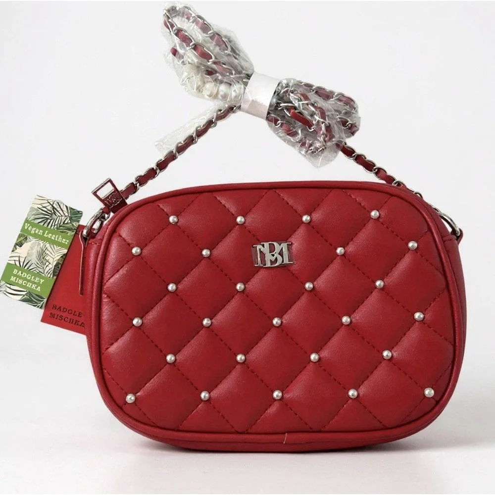 Badgley Mischka Red Quilted Crossbody Pearl Studded Bag Vegan Faux Leather